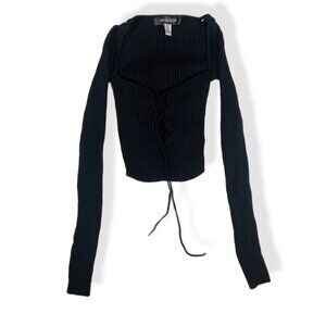 Urban Outfitters Black Ribbed Knit Tie-Front Sweater SZ XS Cropped Long Sleeve
